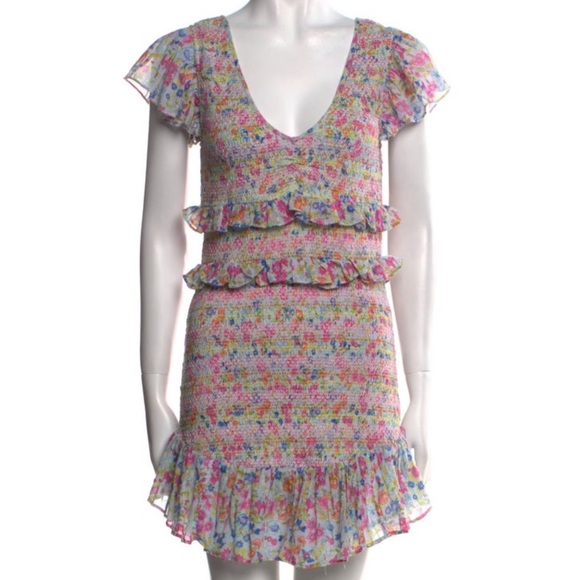 LoveShackFancy Floral Mini Dress Ruffle Cottagecore Pink Romantic Sundress - Picture 5 of 7